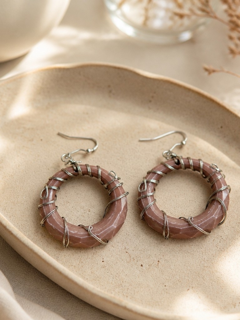 Handcrafted Wire-Wrapped Brown Faceted Hoop Earrings - Picture 3 of 3
